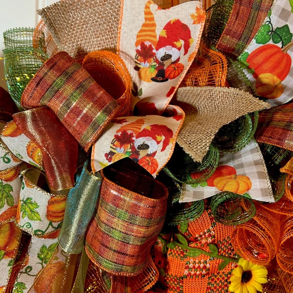 Autum Fall Ribbon Wreath Pumpkin Gnome Handmade 22 in’s. #W2